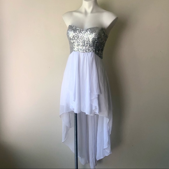 🌼 B. Darlin High Low Strapless Sparkle Dress, White 3/4 - Picture 4 of 8